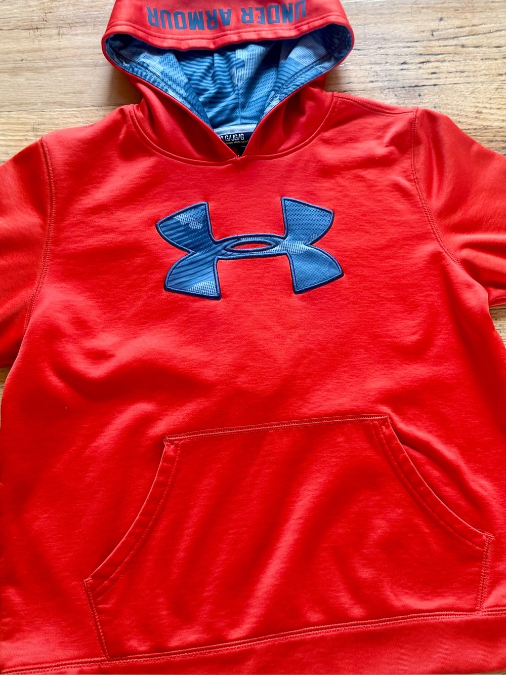 Under Armour Red Hoodie with Blue Logo and Lined Hood